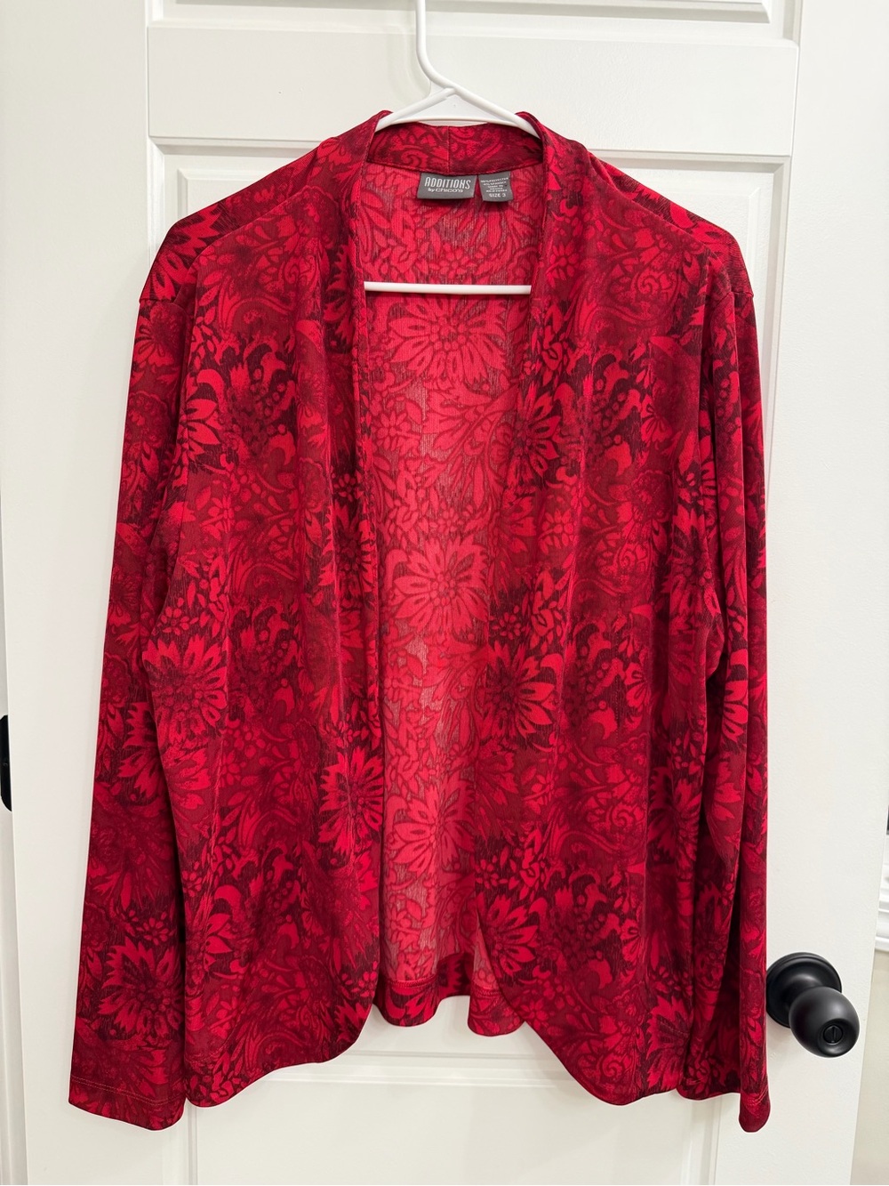 Chico’s Additions Red Floral Open Front Cardigan Size 3 XL Boho Artsy